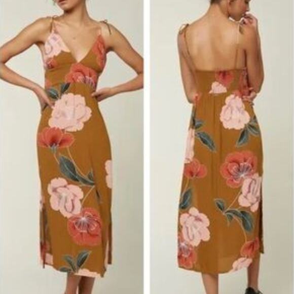 O'Neill Floral Empire Waist Dress Green Botanical Smocked Tie Straps MEDIUM - Picture 1 of 15